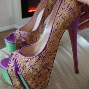 CASADEI 150 mm Open Toe Purple & Green Satin & Cork Pumps Size 7.5